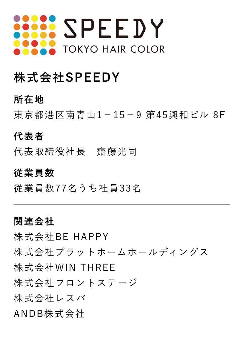 株式会社SPEEDY 所在地 東京都港区南青山1−15−9 第45興和ビル 8F 代表者 代表取締役社長　齋藤光司 従業員数 従業員数77名うち社員33名 関連会社 株式会社BE HAPPY 株式会社プラットホームホールディングス 株式会社WIN THREE 株式会社フロントステージ 株式会社レスパ ANDB株式会社